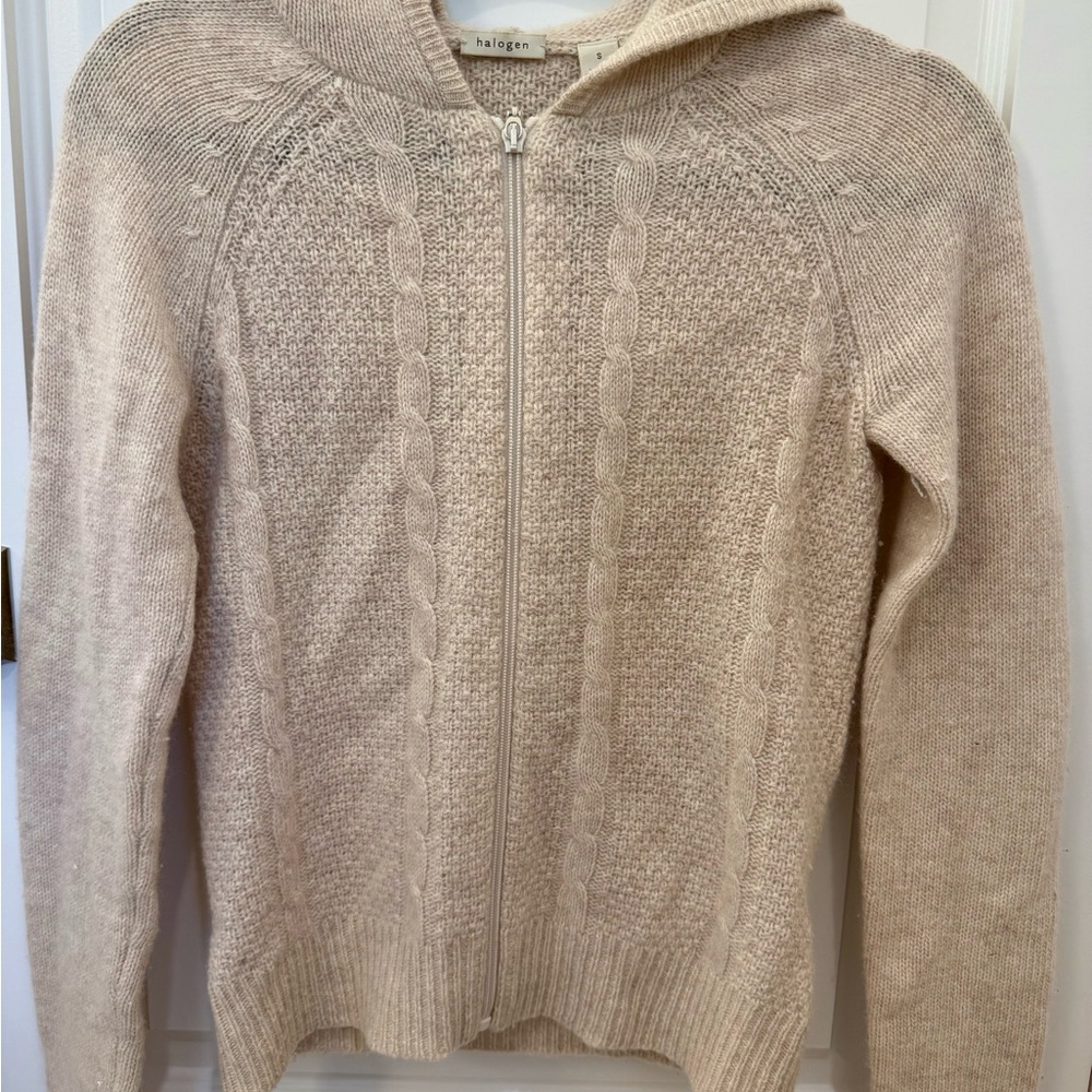 Halogen Beige Cable-Knit Zip Hoodie Sweater